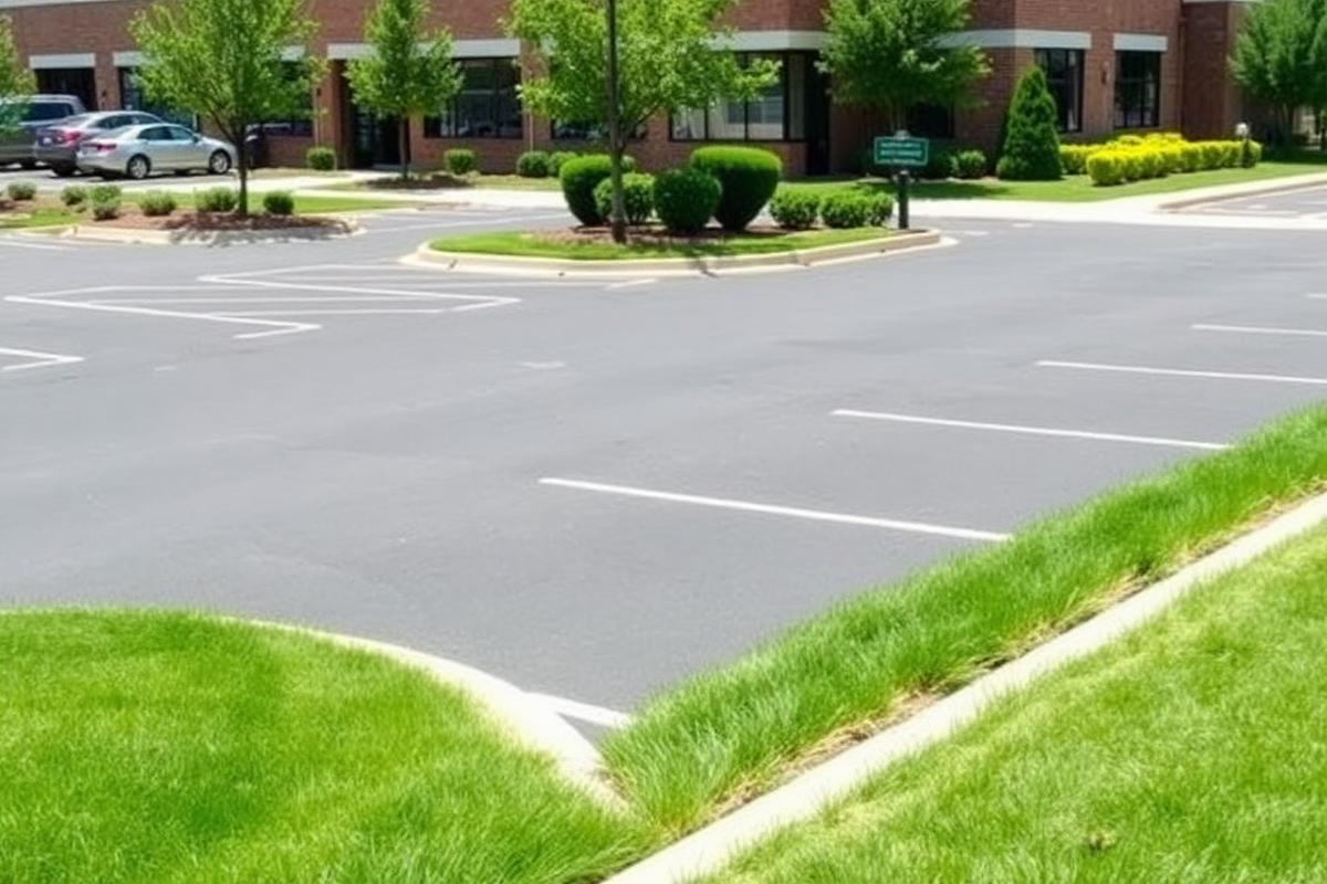 Well-maintained commercial grounds after mowing