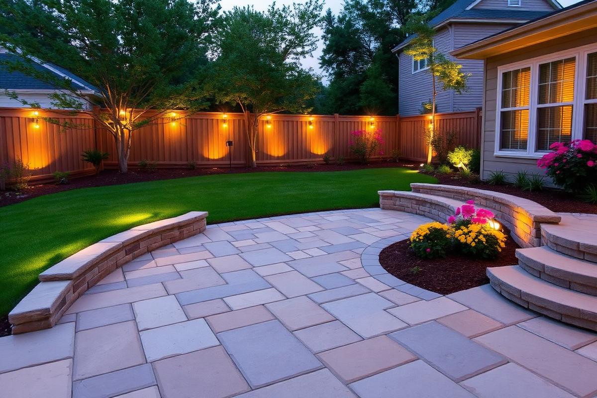 Stone patio with outdoor lighting and plant borders